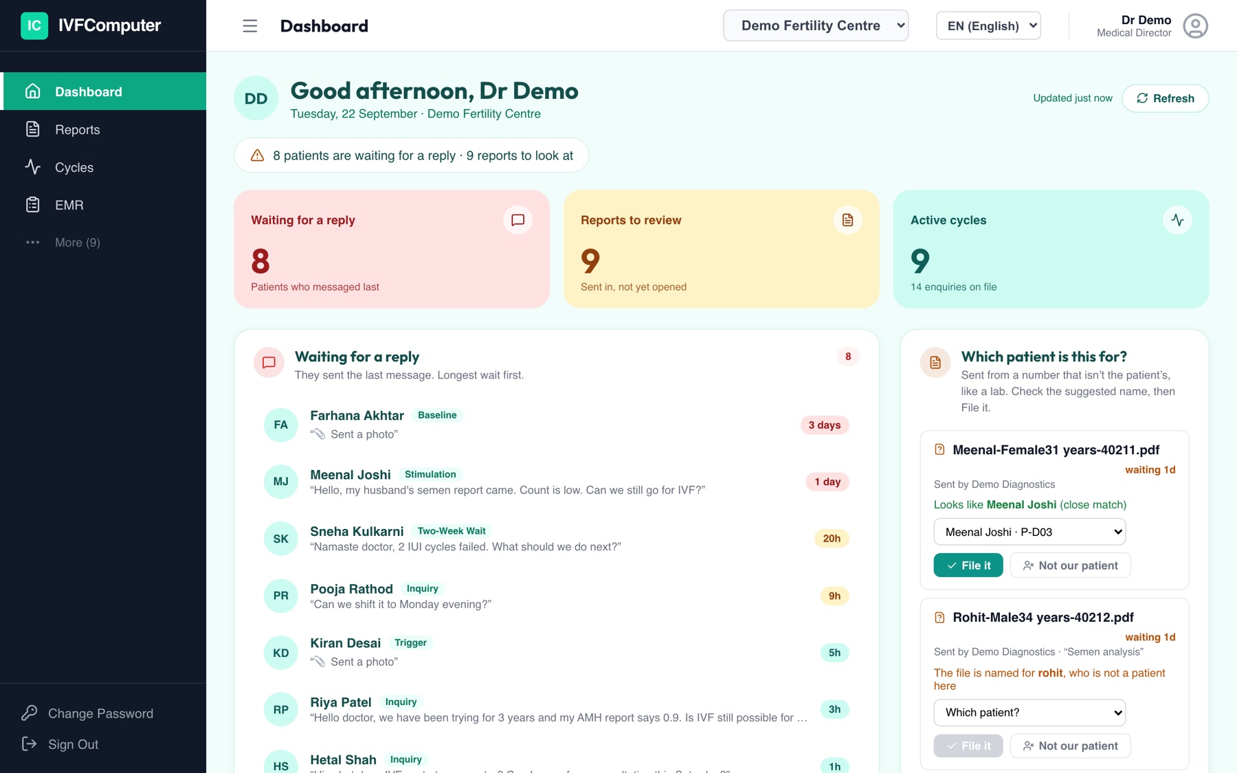 The doctor's dashboard: patients waiting for a reply, reports to review, and active cycles