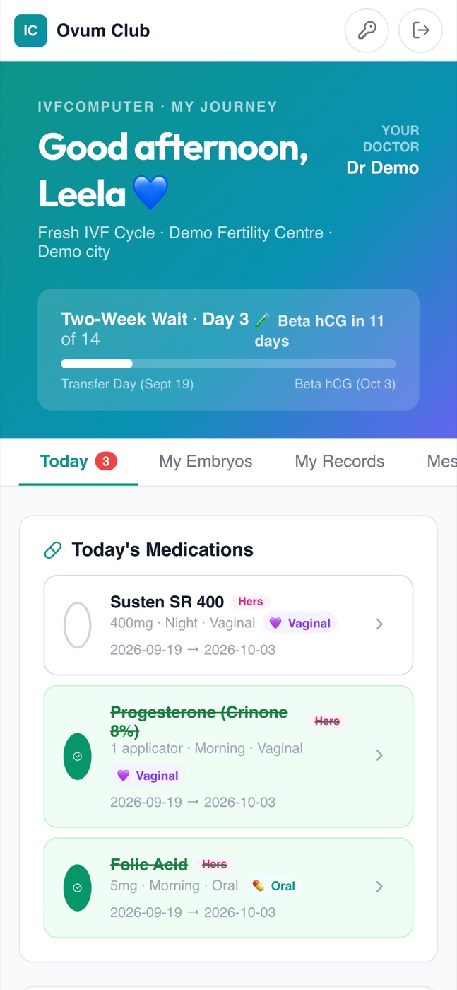 The patient app, showing her two-week wait and today's medicines
